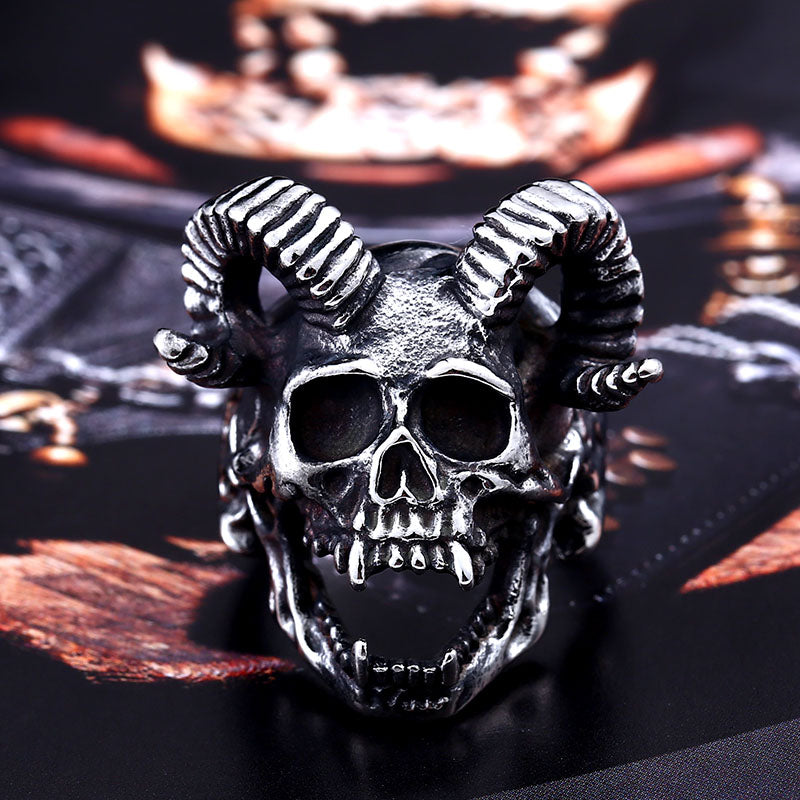 New store 316L Stainless Steel men ring Goat horns skull punk biker ring fashion jewelry