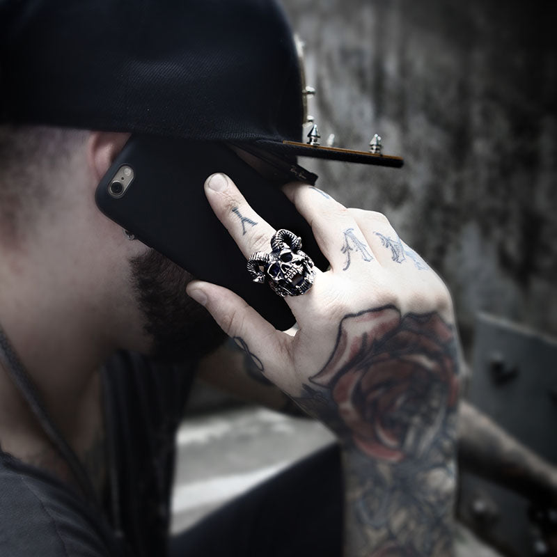 New store 316L Stainless Steel men ring Goat horns skull punk biker ring fashion jewelry