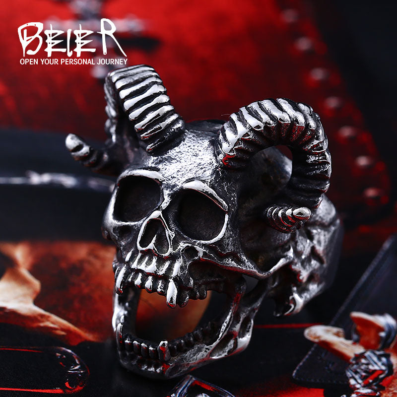 New store 316L Stainless Steel men ring Goat horns skull punk biker ring fashion jewelry