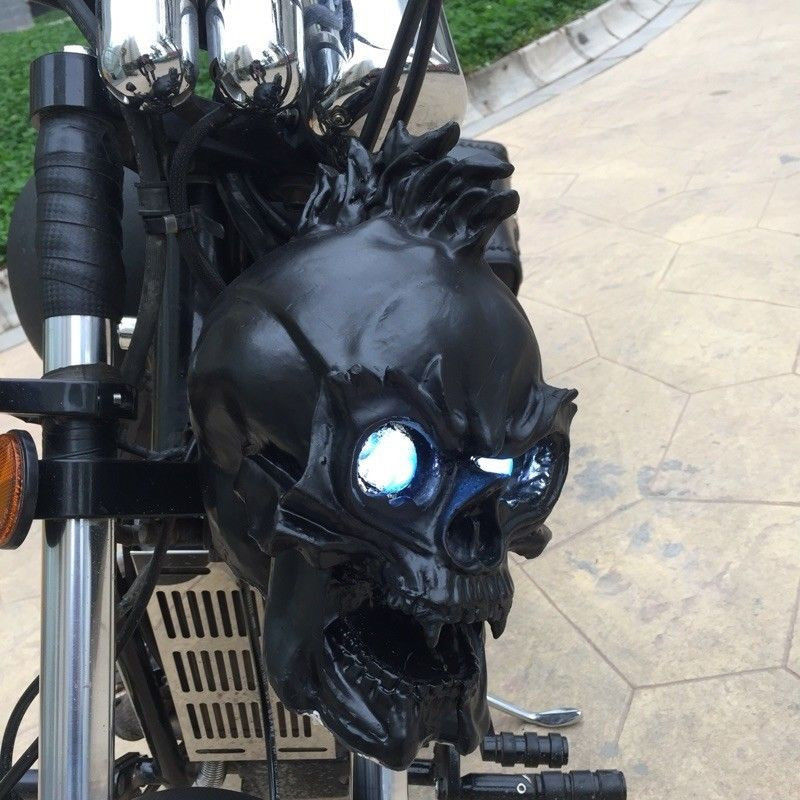 Black LED Skull Head Light Headlight Lamp for Harley Honda Yamaha Suzuki Chopper Motorcycle