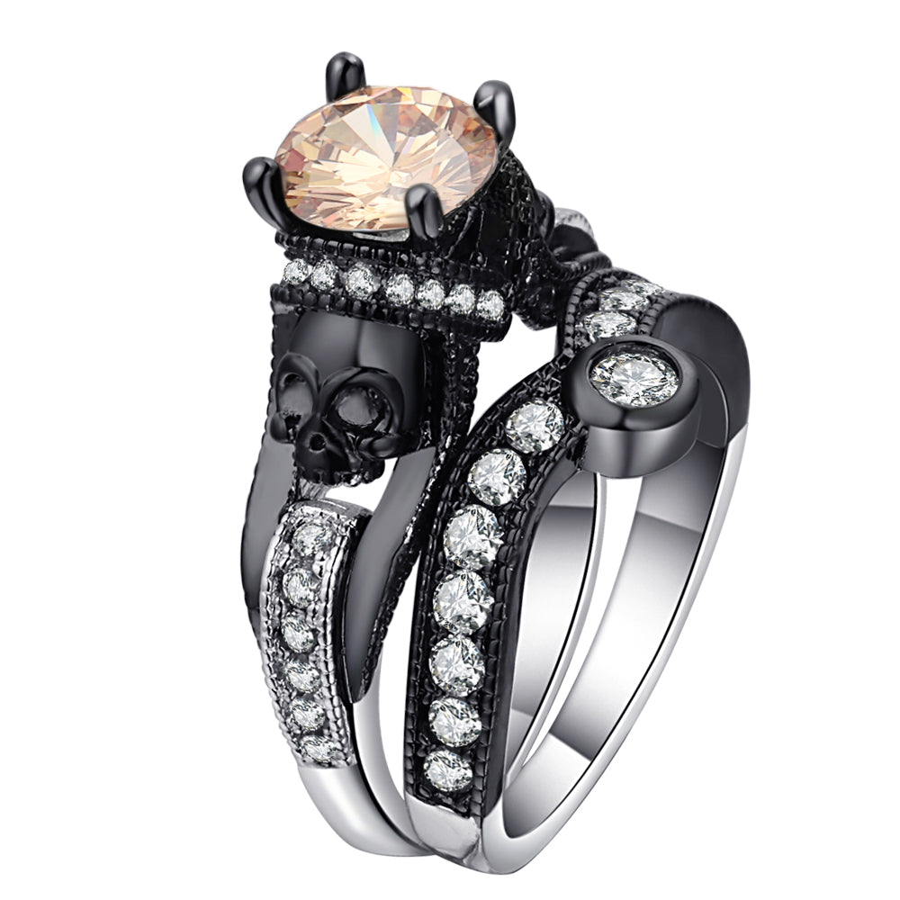 Black Skull Ring Set 925 Sterling Silver Color Fashion Wedding & Engagement Crystal Ring Set Jewelry For Women