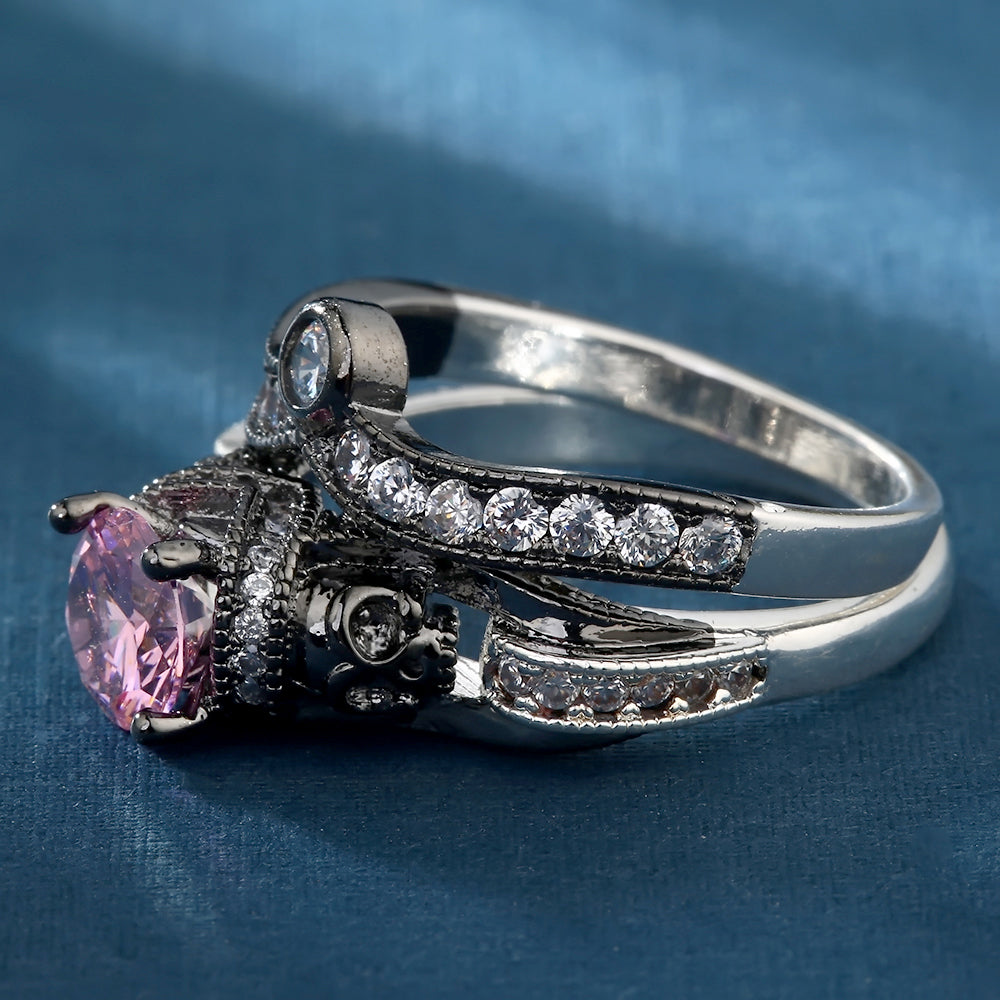 Black Skull Ring Set 925 Sterling Silver Color Fashion Wedding & Engagement Crystal Ring Set Jewelry For Women
