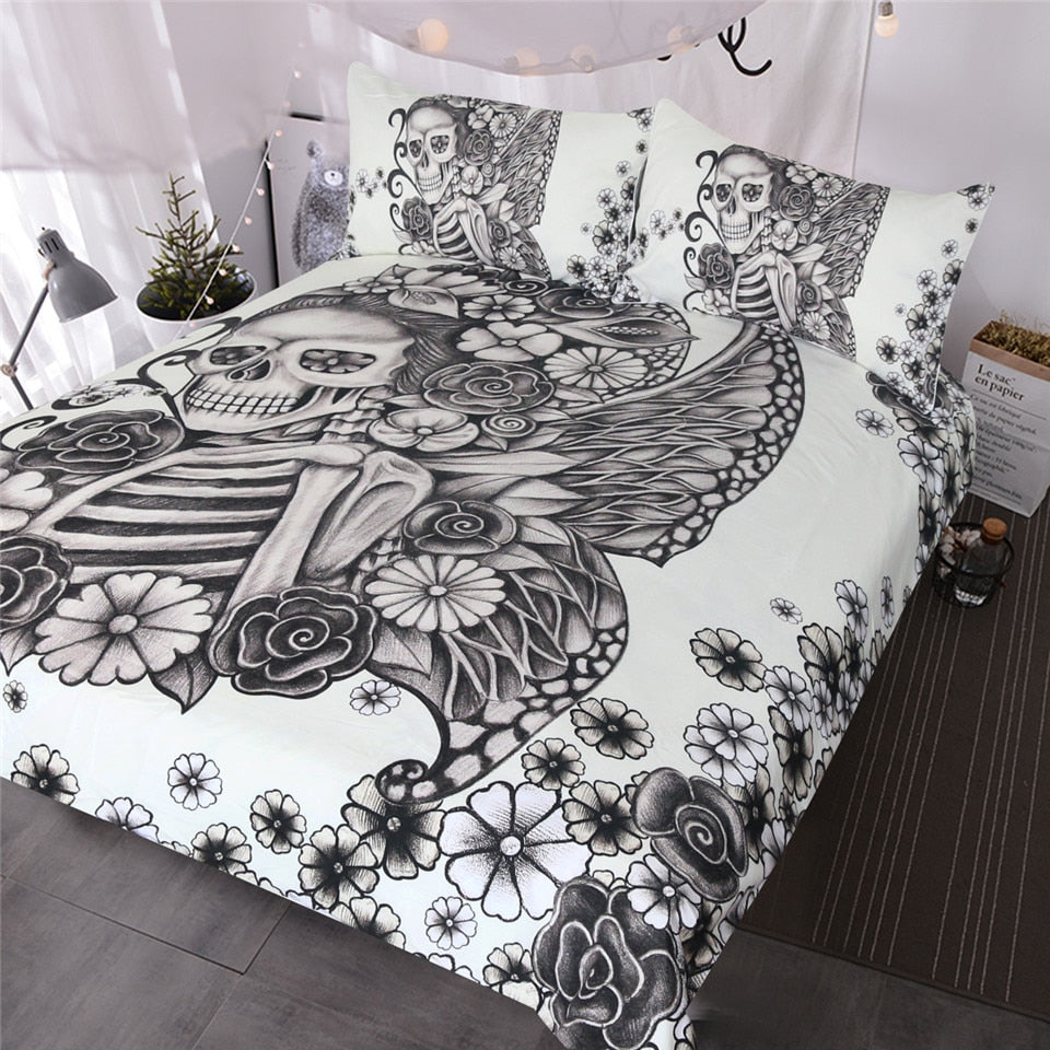 BlessLiving Gothic Skull Bedding Set Retro Butterfly Rose Comforter Cover Black White Skeleton Bedspread Vintage Duvet Cover