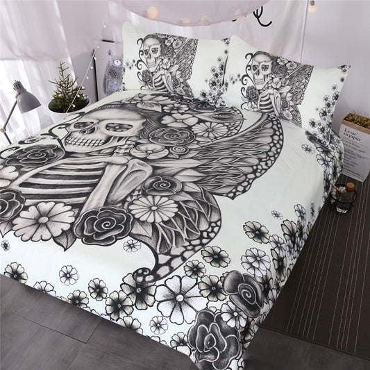 BlessLiving Gothic Skull Bedding Set Retro Butterfly Rose Comforter Cover Black White Skeleton Bedspread Vintage Duvet Cover