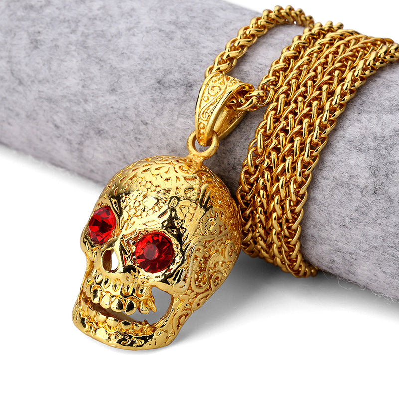 Bling Gold Red Stone Eyes Ghost Rhinestone Pendants Necklaces Men Women Hip Hop Crystal Skull Head Jewelry Gifts Chains