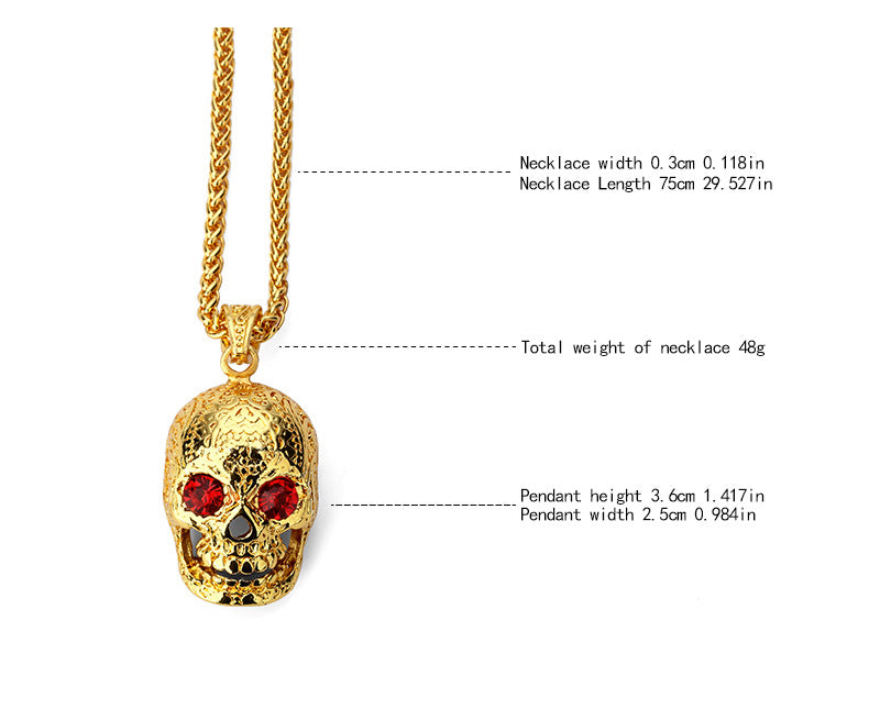 Bling Gold Red Stone Eyes Ghost Rhinestone Pendants Necklaces Men Women Hip Hop Crystal Skull Head Jewelry Gifts Chains