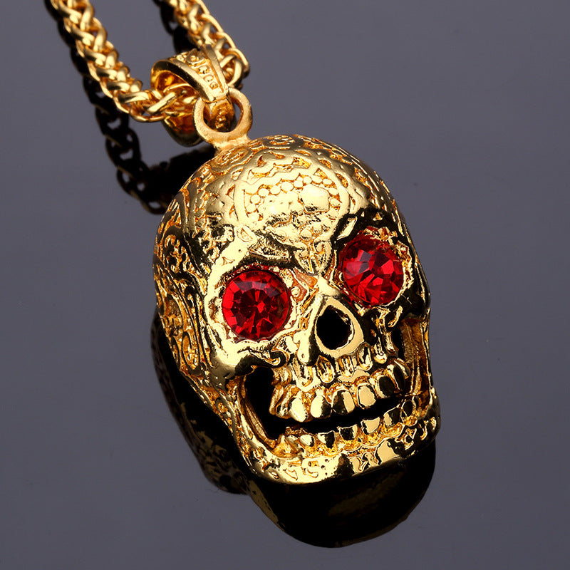 Bling Gold Red Stone Eyes Ghost Rhinestone Pendants Necklaces Men Women Hip Hop Crystal Skull Head Jewelry Gifts Chains
