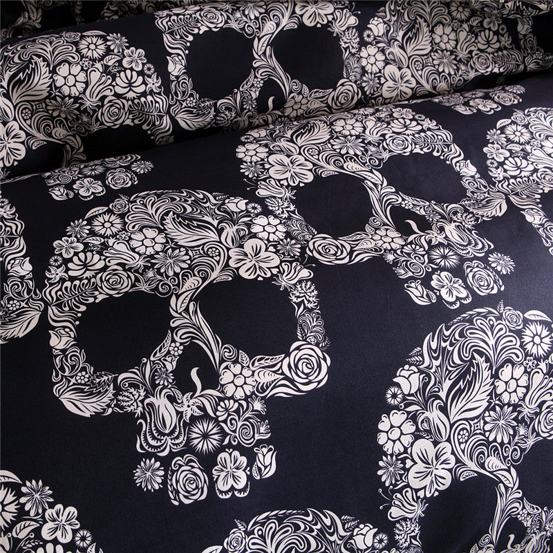 Black Color Duvet Cover Queen Size Luxury Sugar Skull Bedding Set