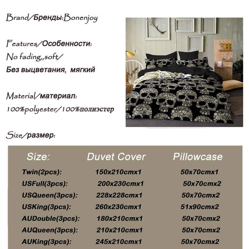 Black Color Duvet Cover Queen Size Luxury Sugar Skull Bedding Set