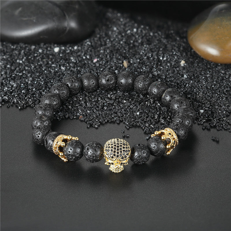Brand Fashion Natural Beads Strand Bracelet Micro Pave CZ Black Skeleton Skull Corwn Lava Rock Stone Energy Men Buddha Jewelry