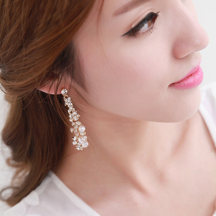 Bride Wedding Jewelry Luxury Full Rhinestone Crystal Clip On Earrings Long Simulated Pearl Earring Without Pierced Ear Clip