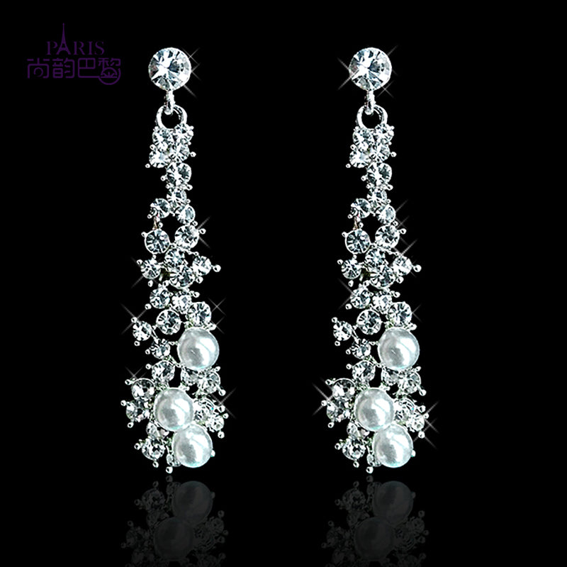 Bride Wedding Jewelry Luxury Full Rhinestone Crystal Clip On Earrings Long Simulated Pearl Earring Without Pierced Ear Clip