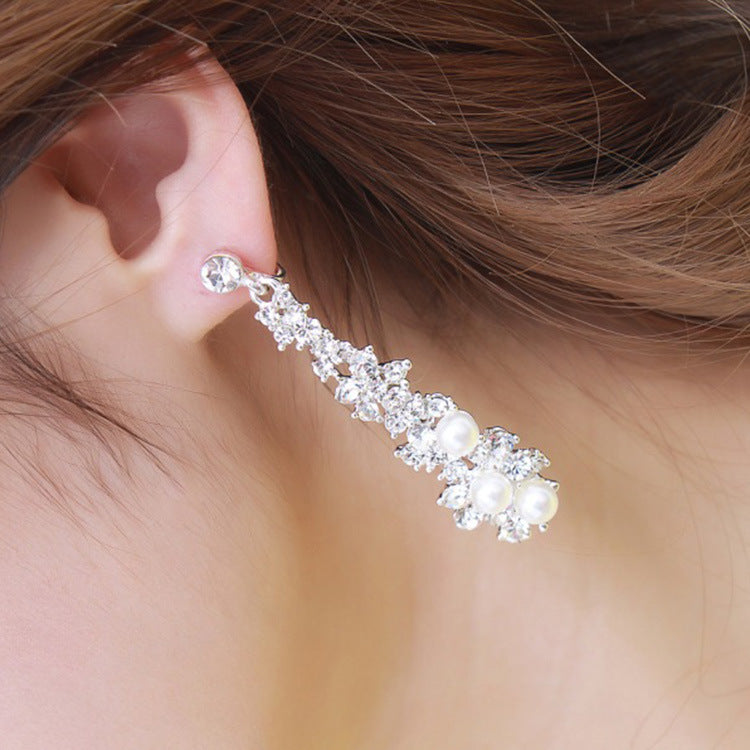 Bride Wedding Jewelry Luxury Full Rhinestone Crystal Clip On Earrings Long Simulated Pearl Earring Without Pierced Ear Clip