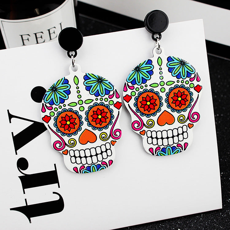 Calavera Cross Skull Earrings Celebrate Mexican Day of the Dead Halloween Acrylic Cute Skull Earring For Women