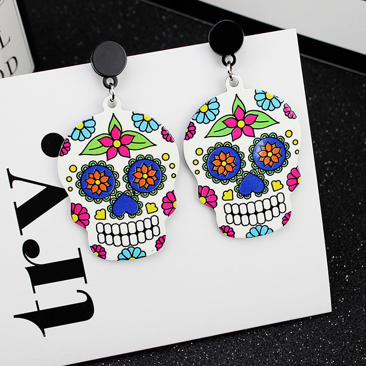 Calavera Cross Skull Earrings Celebrate Mexican Day of the Dead Halloween Acrylic Cute Skull Earring For Women