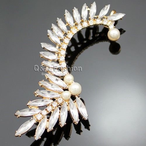 Celebrity Blogger Fav Gold Crystal Pearl Flower Stone Ear Clip Cuff Earring Jewelry