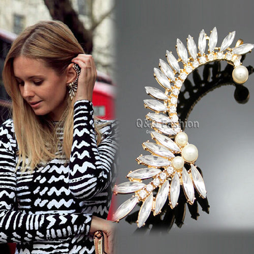 Celebrity Blogger Fav Gold Crystal Pearl Flower Stone Ear Clip Cuff Earring Jewelry