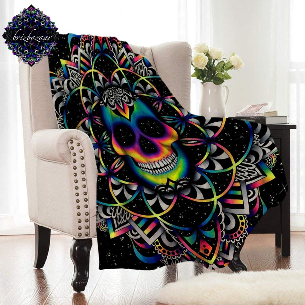 Flannel Blanket Gothic Skull Coral Fleece Bed Blanket Colored Mandala