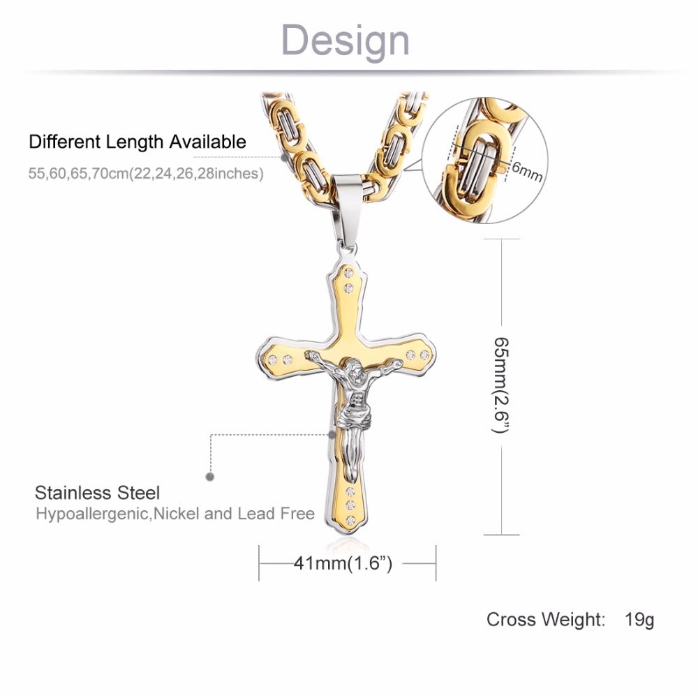 Christian Jesus Cross Crystal Pendant Necklaces Thick Link Byzantine Chain Stainless Steel Men Jewelry Colar Gift 21.65"