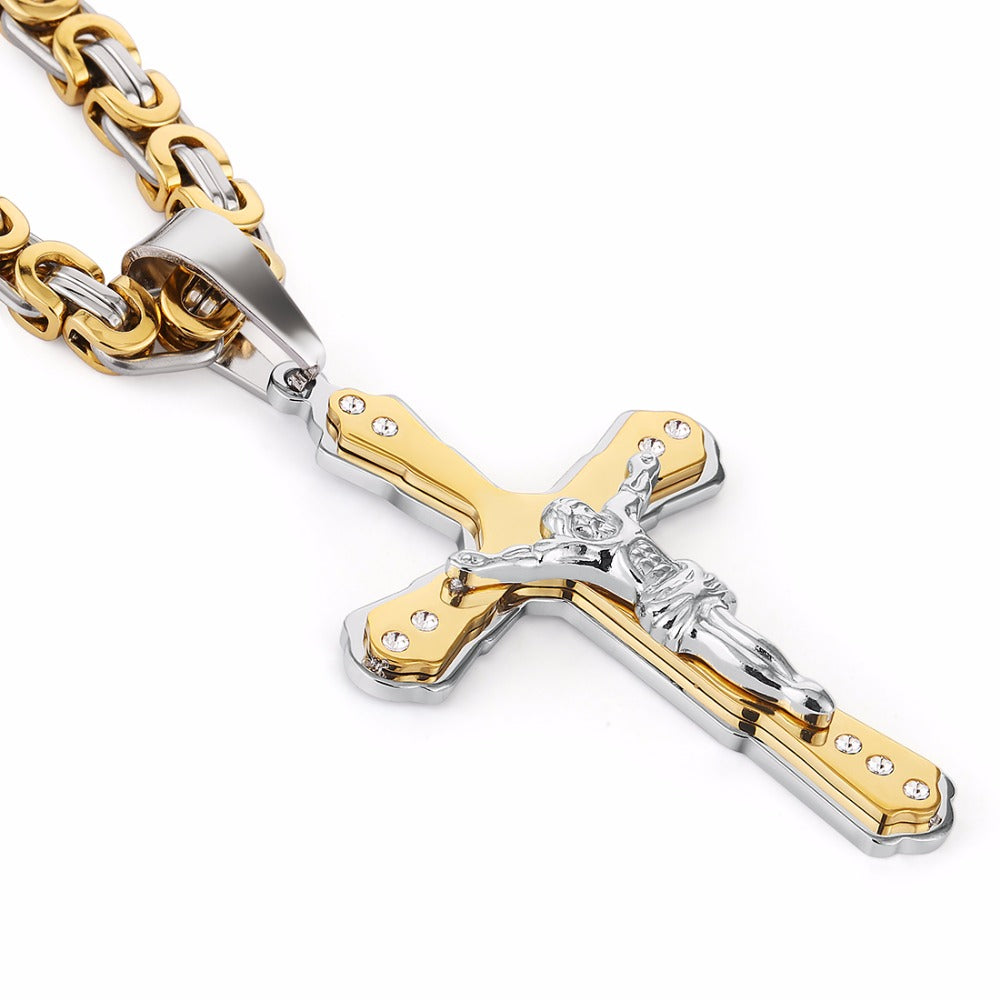 Christian Jesus Cross Crystal Pendant Necklaces Thick Link Byzantine Chain Stainless Steel Men Jewelry Colar Gift 21.65"