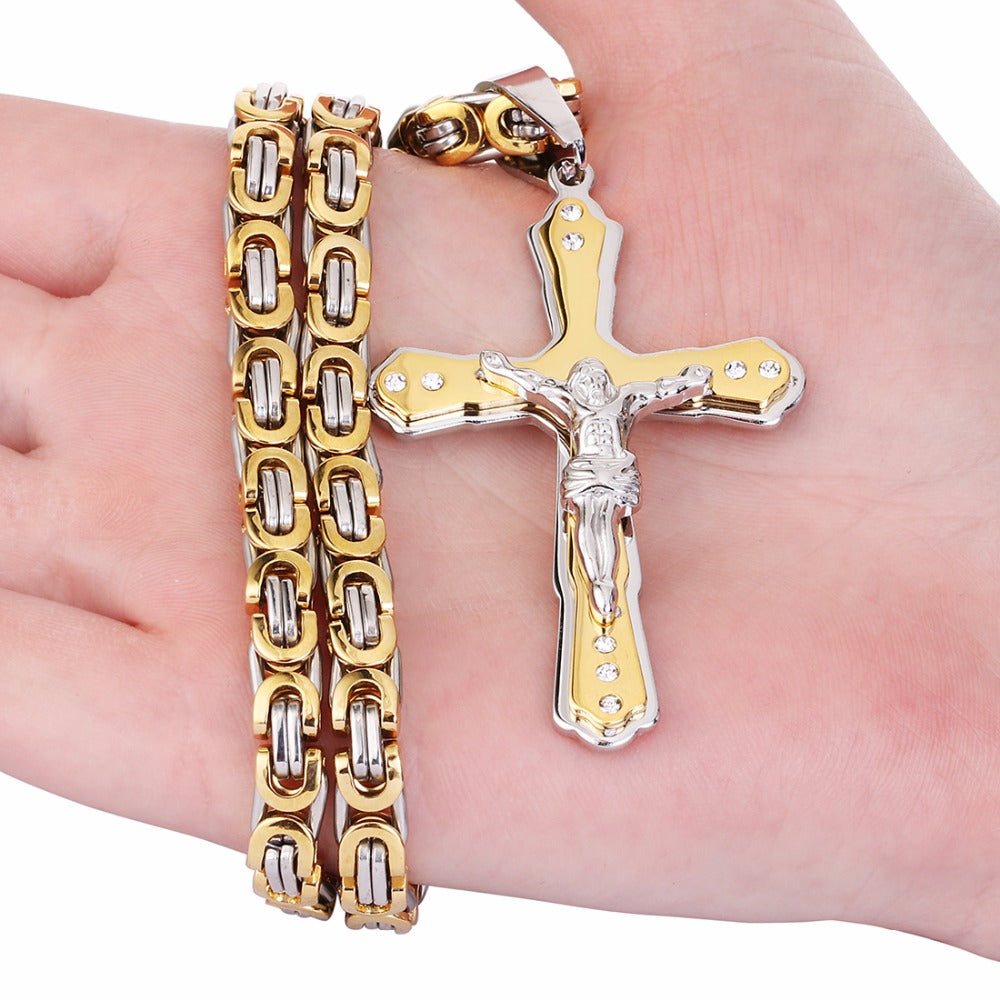 Christian Jesus Cross Crystal Pendant Necklaces Thick Link Byzantine Chain Stainless Steel Men Jewelry Colar Gift 21.65"