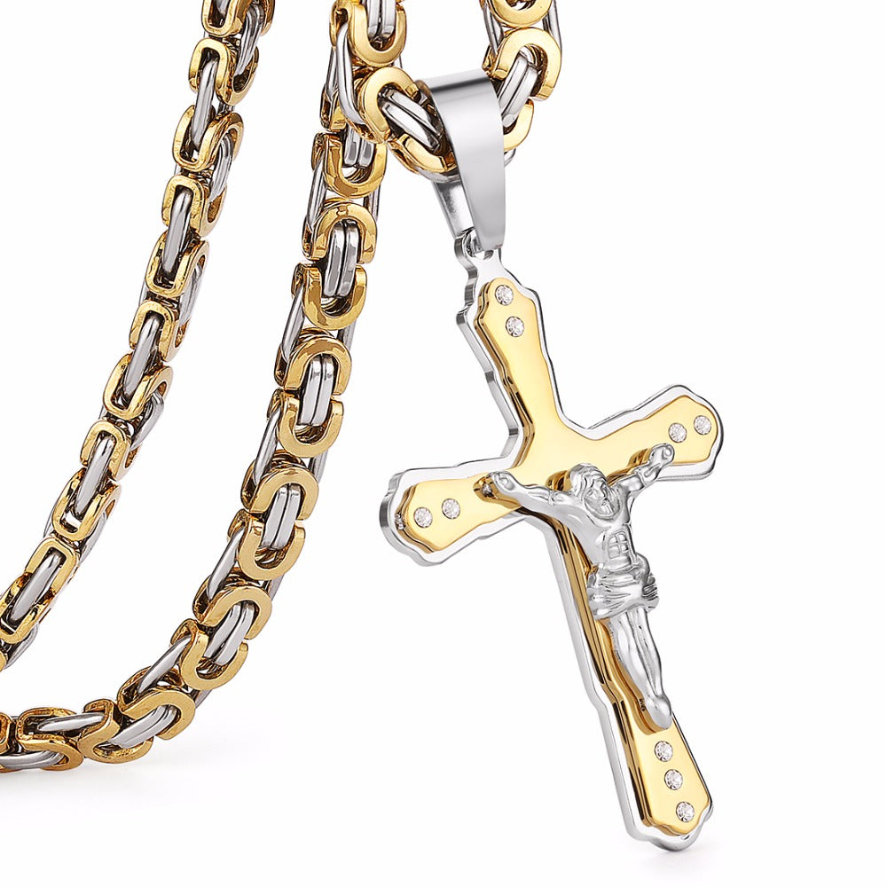 Christian Jesus Cross Crystal Pendant Necklaces Thick Link Byzantine Chain Stainless Steel Men Jewelry Colar Gift 21.65"