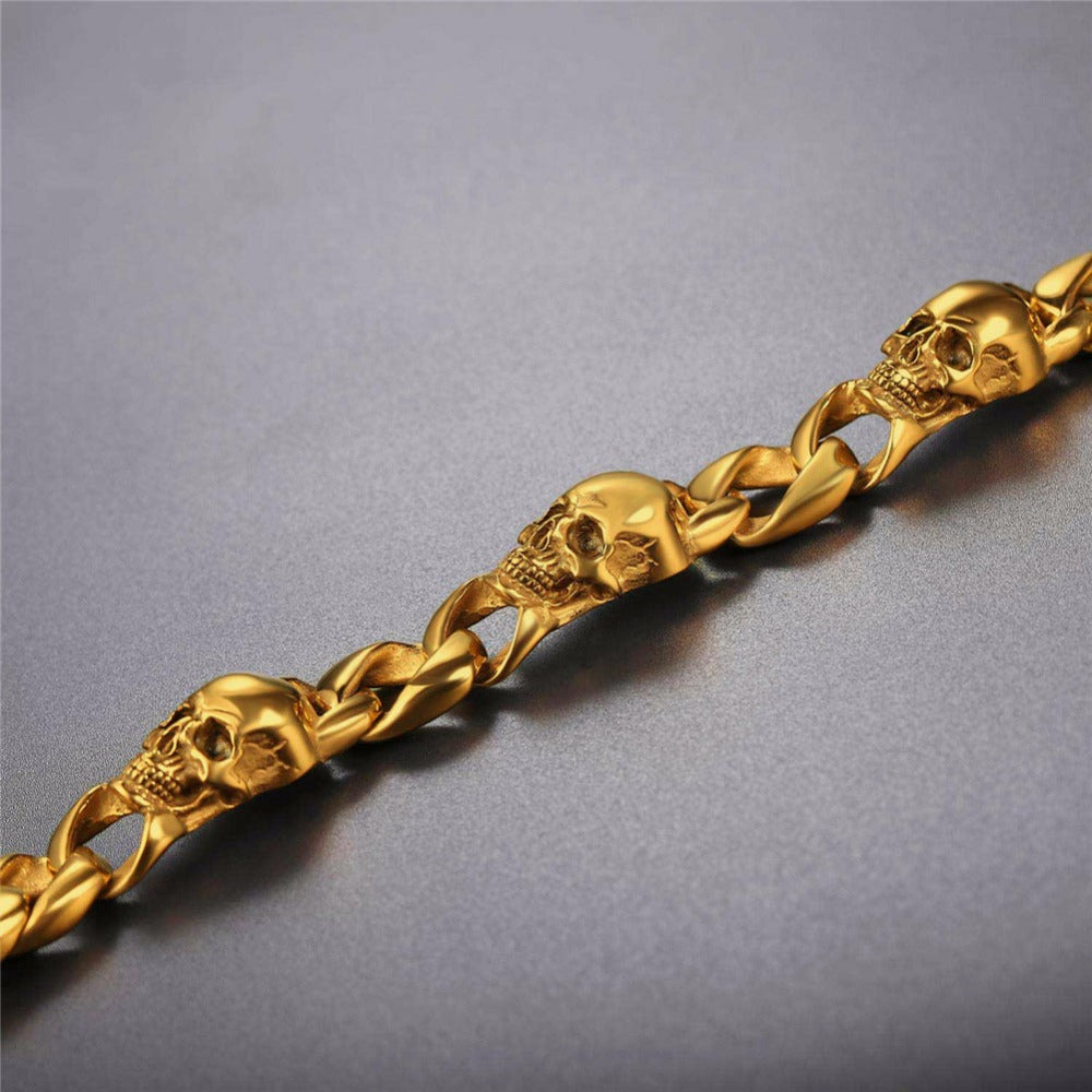 Skull Bracelet Men Stainless Steel Halloween Jewelry Punk Skeleton Link Hand Chain Gold/Black Color Gothic Bracelet