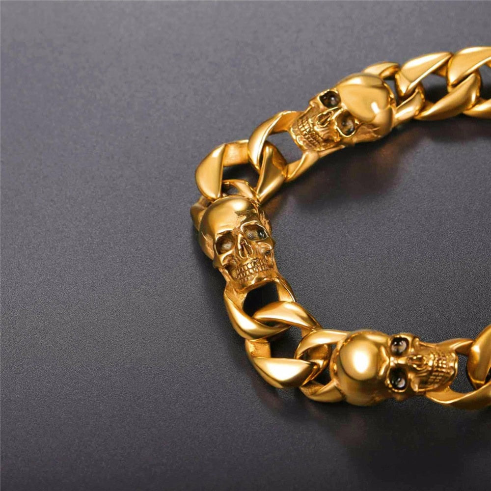 Skull Bracelet Men Stainless Steel Halloween Jewelry Punk Skeleton Link Hand Chain Gold/Black Color Gothic Bracelet