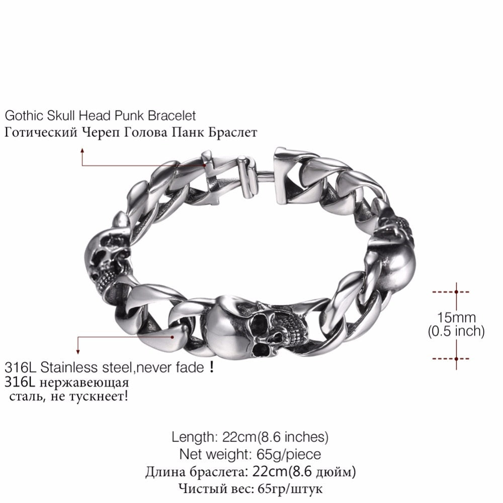 Skull Bracelet Men Stainless Steel Halloween Jewelry Punk Skeleton Link Hand Chain Gold/Black Color Gothic Bracelet