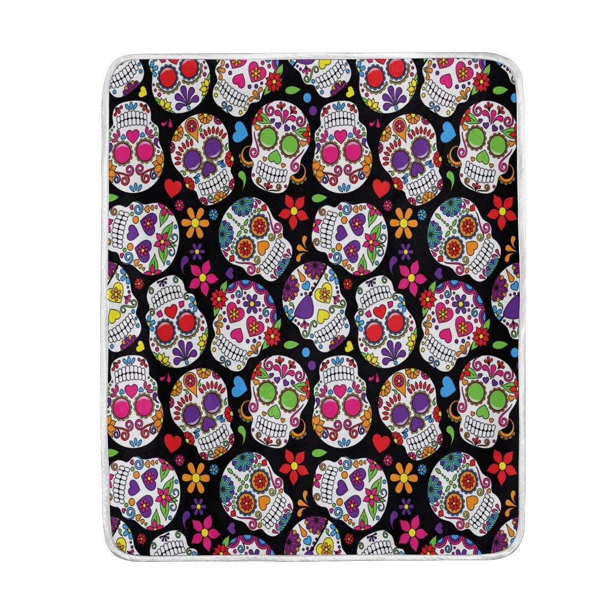 Colorful Floral Sugar Skull Black Blanket Soft Warm Cozy Bed Couch Lightweight Polyester Microfiber Blanket