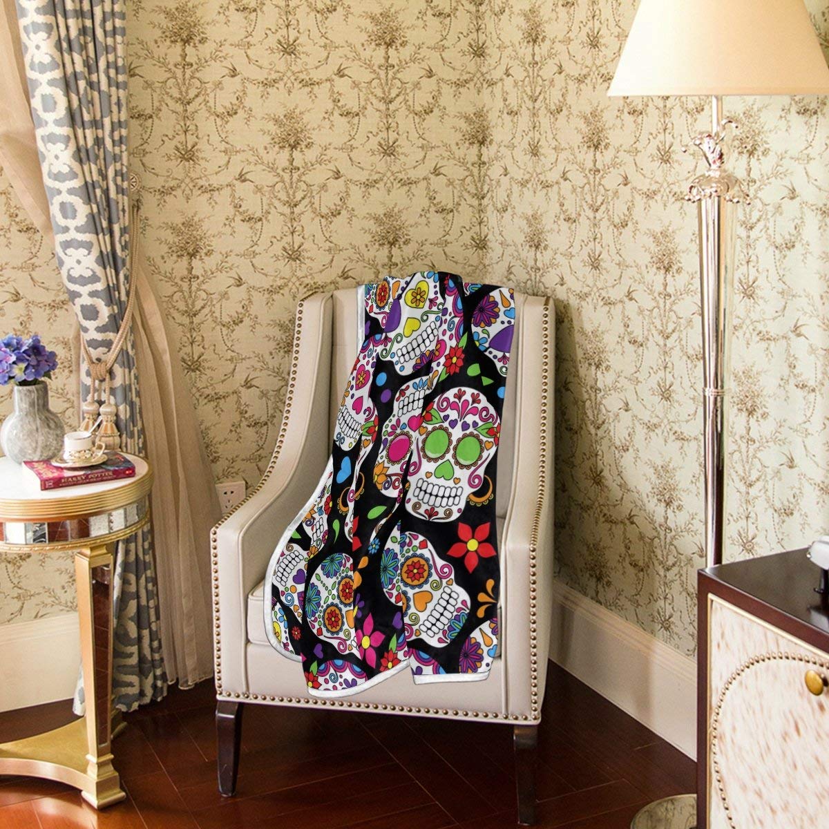 Colorful Floral Sugar Skull Black Blanket Soft Warm Cozy Bed Couch Lightweight Polyester Microfiber Blanket