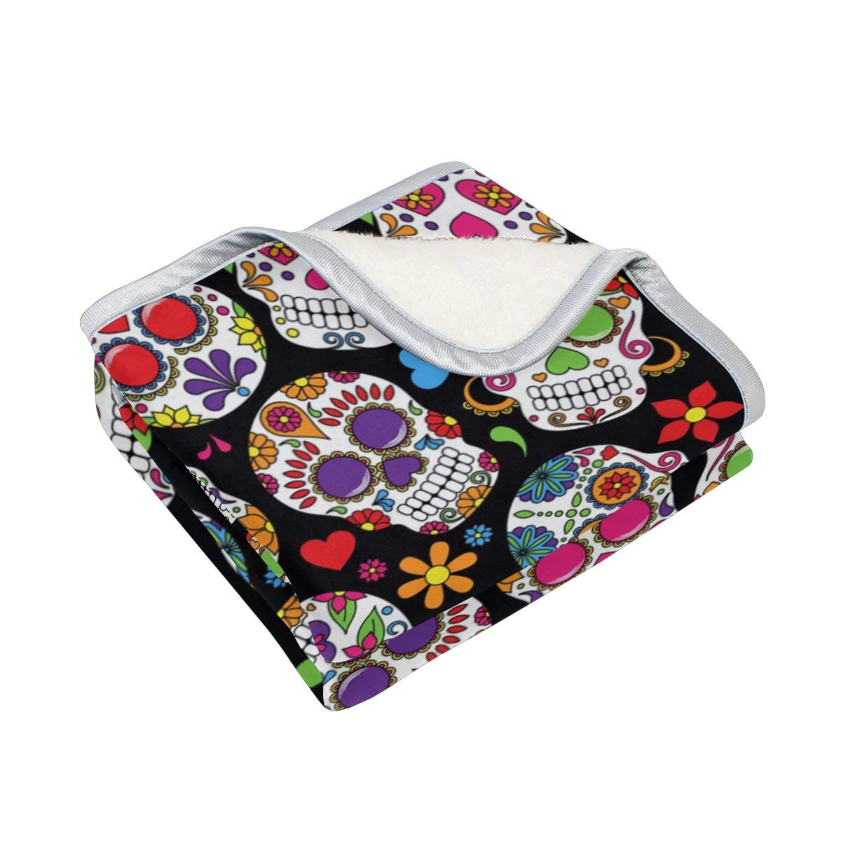 Colorful Floral Sugar Skull Black Blanket Soft Warm Cozy Bed Couch Lightweight Polyester Microfiber Blanket
