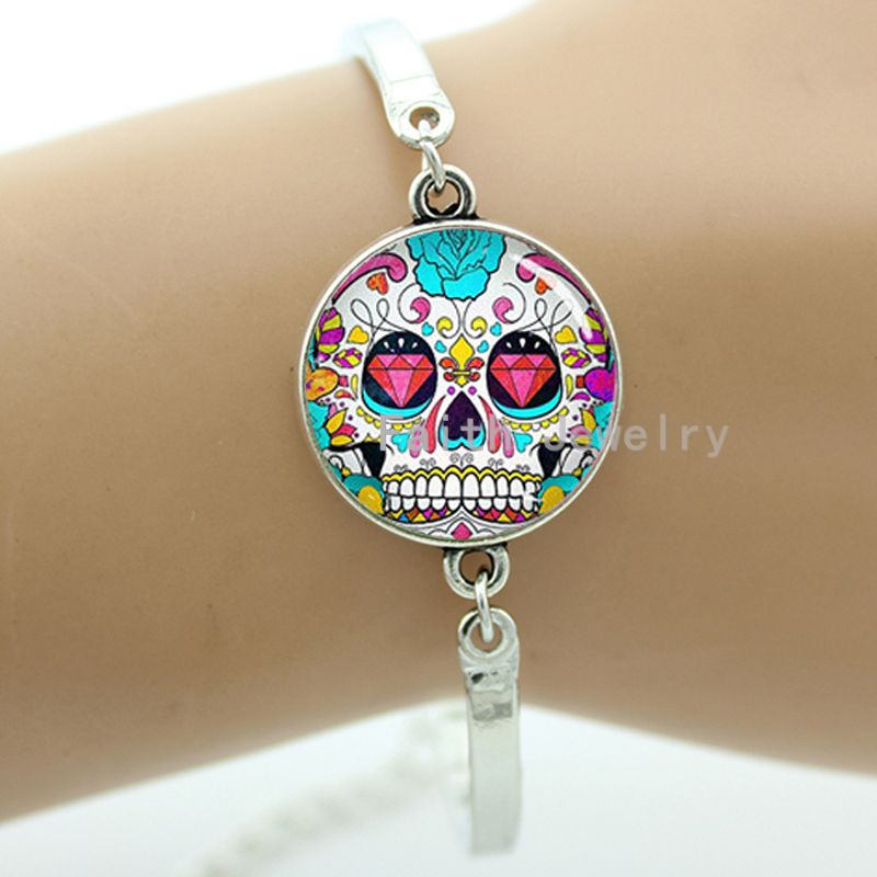 Colorful sugar skull bracelet hipster red floral roses charm skeleton jewelry Day of the Dead Halloween jewellery