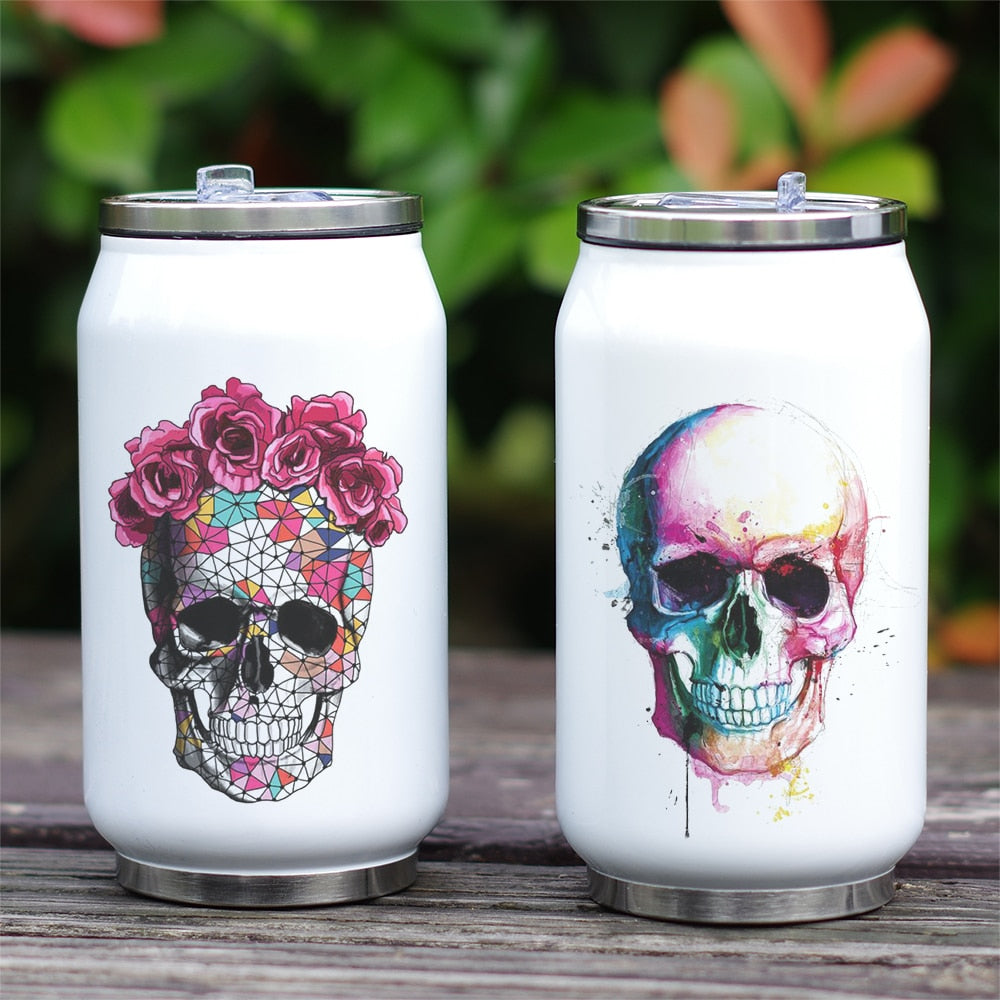 Cool Design Bottle Skull Thermos Cup with Straw Creative Watercolor Painting Print Bottle Stainless Steel Vacuum Insulated
