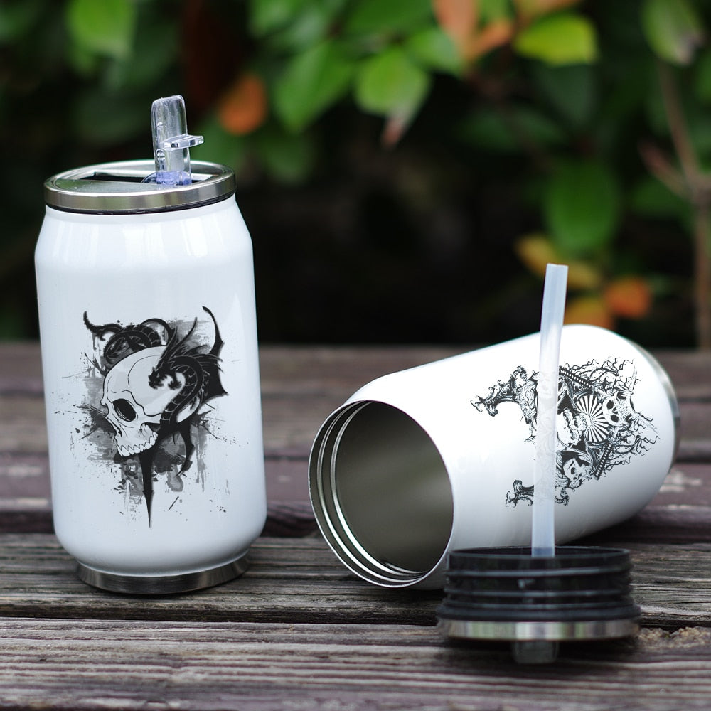 Cool Design Bottle Skull Thermos Cup with Straw Creative Watercolor Painting Print Bottle Stainless Steel Vacuum Insulated