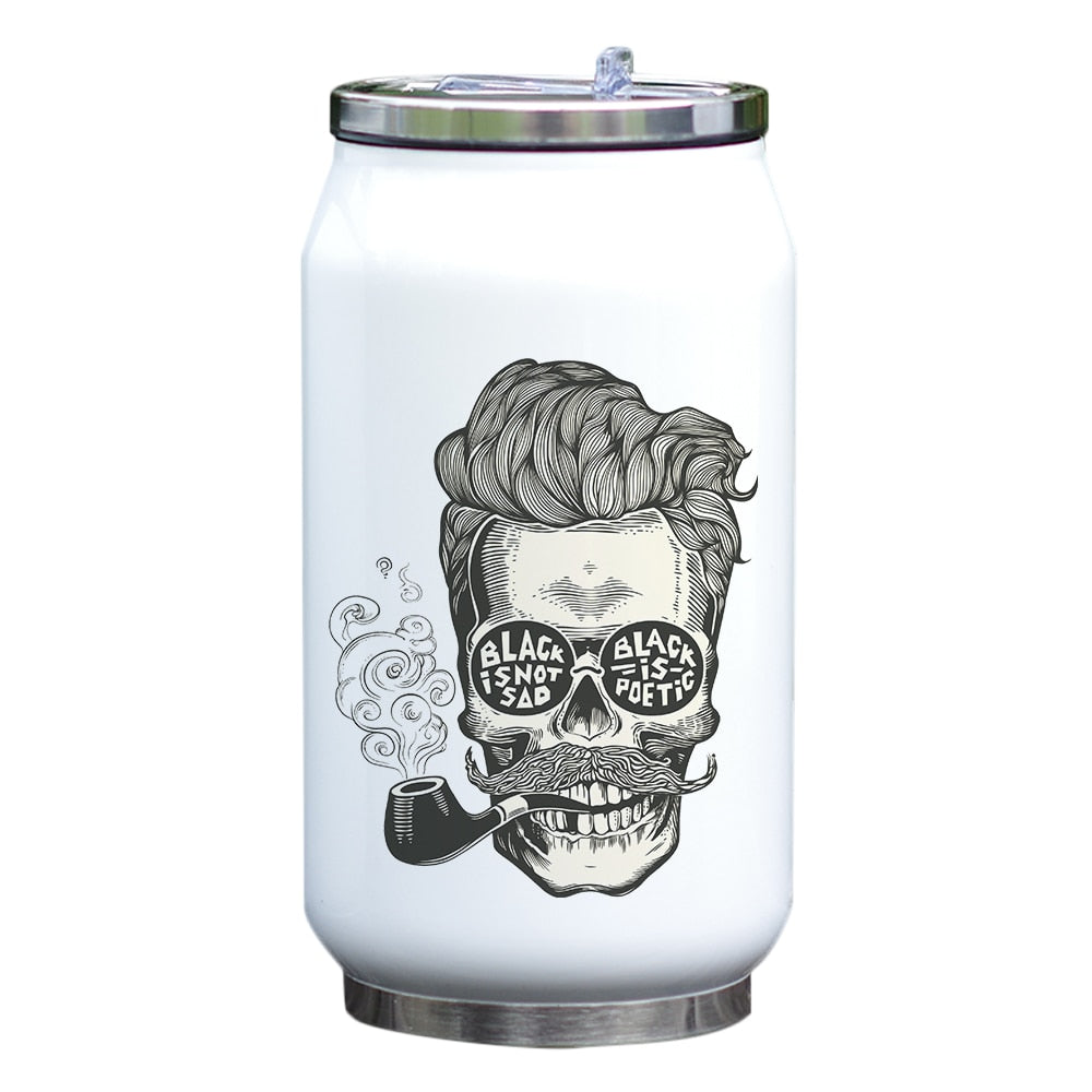 Cool Design Bottle Skull Thermos Cup with Straw Creative Watercolor Painting Print Bottle Stainless Steel Vacuum Insulated