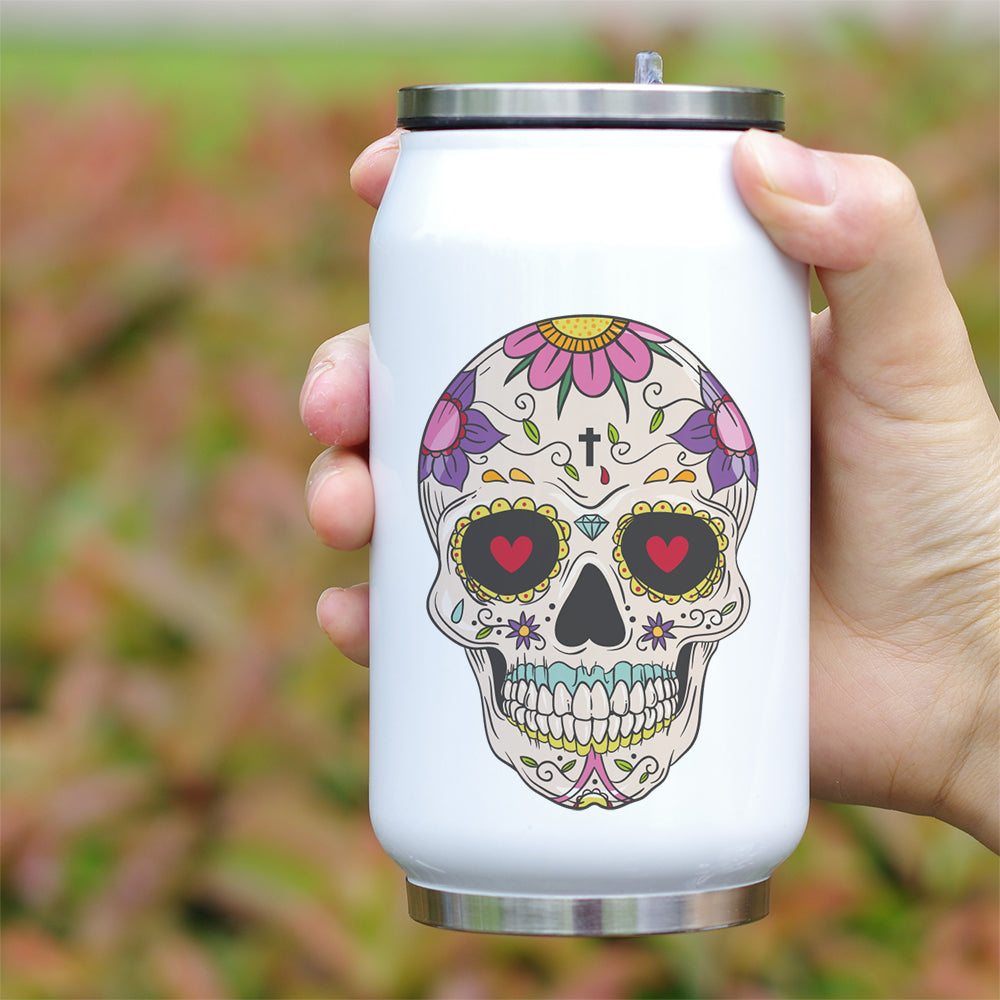 Cool Design Bottle Skull Thermos Cup with Straw Creative Watercolor Painting Print Bottle Stainless Steel Vacuum Insulated