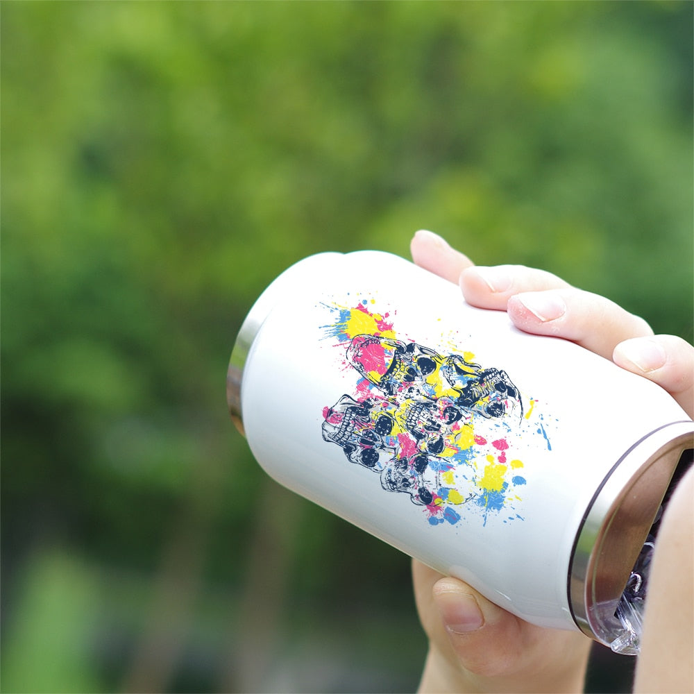 Cool Design Bottle Skull Thermos Cup with Straw Creative Watercolor Painting Print Bottle Stainless Steel Vacuum Insulated