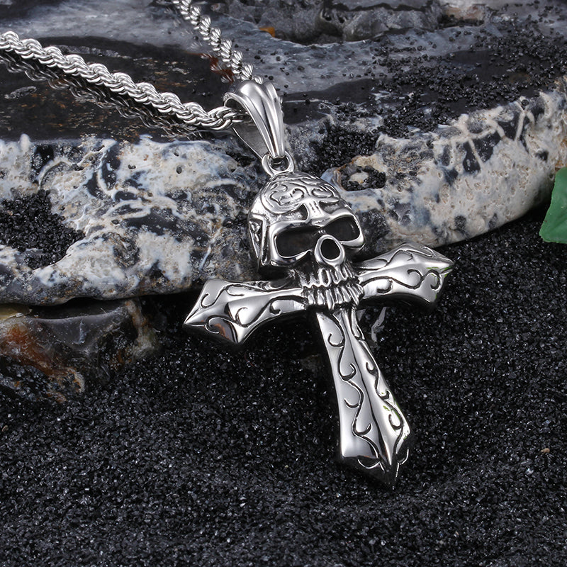 Cool Large Biker Stainless steel Skeleton skull Cross Pendant
