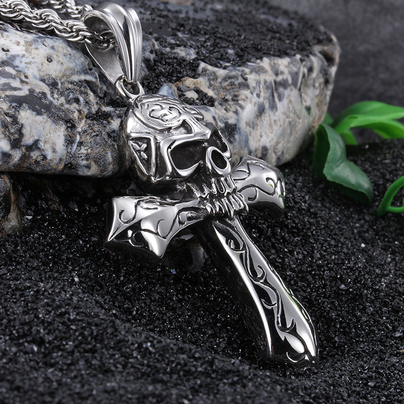 Cool Large Biker Stainless steel Skeleton skull Cross Pendant