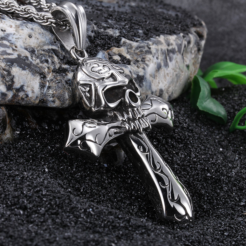 Cool Large Biker Stainless steel Skeleton skull Cross Pendant