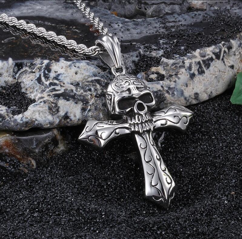 Stainless steel Skeleton skull Cross Pendant Men's Rope Necklace Gothic Jewelry 24'' Vintage