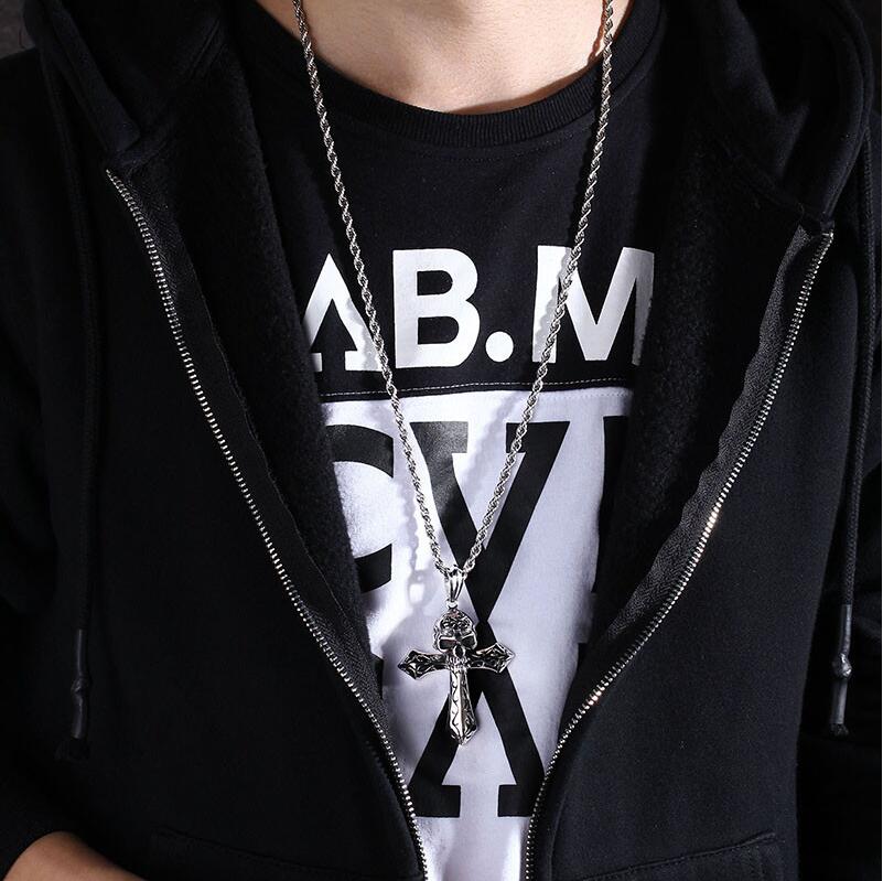 Stainless steel Skeleton skull Cross Pendant Men's Rope Necklace Gothic Jewelry 24'' Vintage