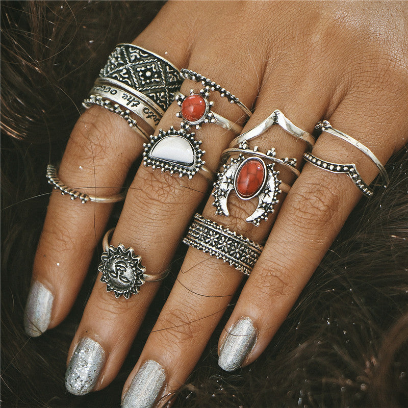 Crazy 14 pcs /Set Flower Midi Ring Sets for Women Boho Beach Vintage Turkish Punk Sun Knuckle Ring Jewelry