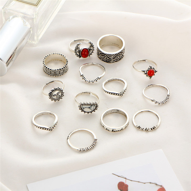 Crazy 14 pcs /Set Flower Midi Ring Sets for Women Boho Beach Vintage Turkish Punk Sun Knuckle Ring Jewelry