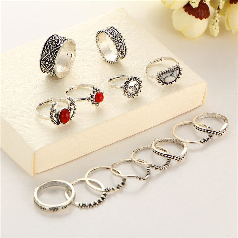 Crazy 14 pcs /Set Flower Midi Ring Sets for Women Boho Beach Vintage Turkish Punk Sun Knuckle Ring Jewelry