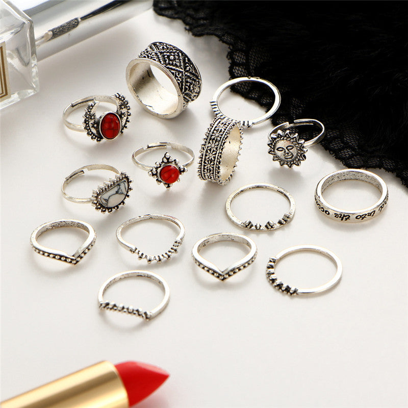 Crazy 14 pcs /Set Flower Midi Ring Sets for Women Boho Beach Vintage Turkish Punk Sun Knuckle Ring Jewelry