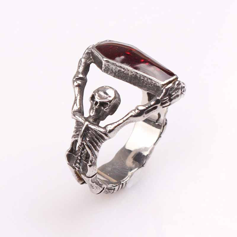 Crazy Feng Gothic Punk Fire Opal Stone Skull Finger Rings For Femme Top Quality Stainless Steel Skeleton Midi Ring Jewelry Gift
