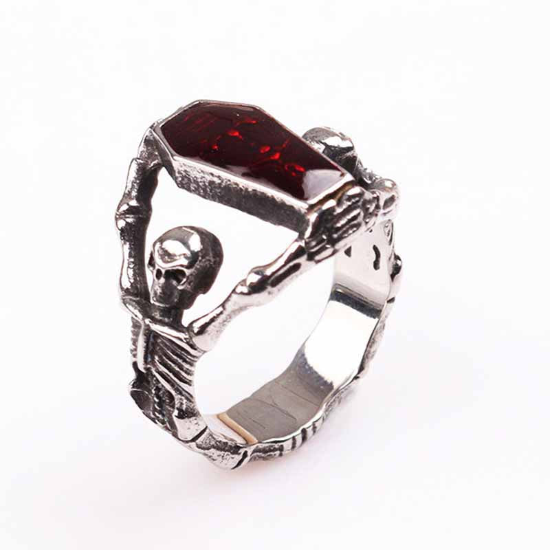 Crazy Feng Gothic Punk Fire Opal Stone Skull Finger Rings For Femme Top Quality Stainless Steel Skeleton Midi Ring Jewelry Gift