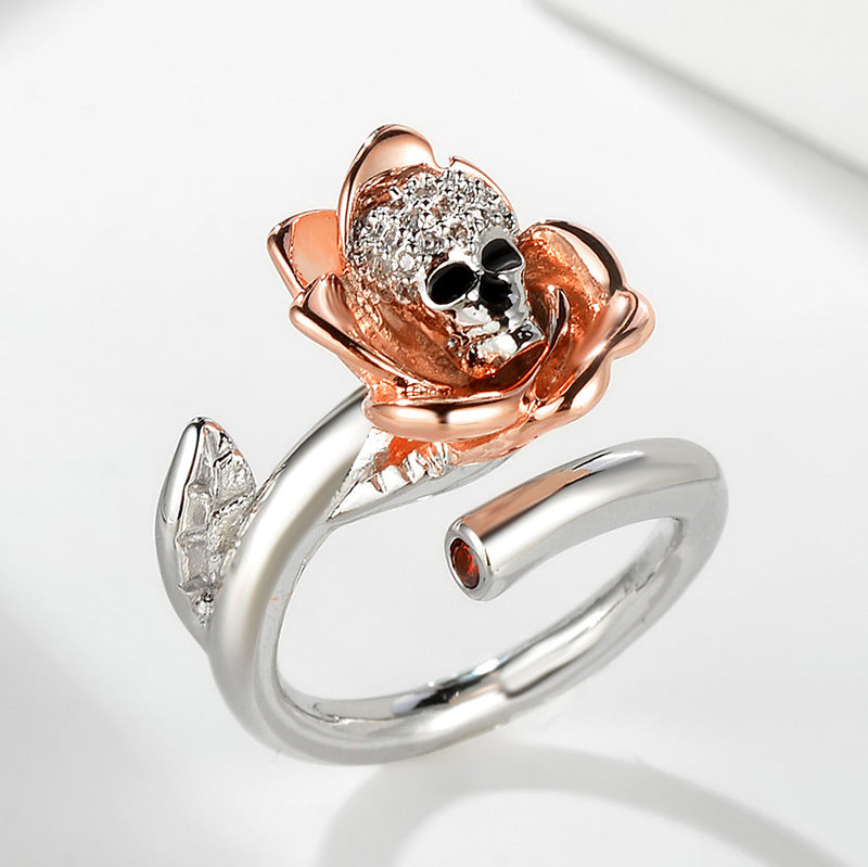 Women Gothic Punk Skull Skeleton Zinc Alloy Rings Jewelry Fashion Rose Gold Color Crystal Flor Open Ring Size 6,8,10